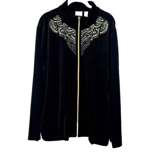 Chicos Jacket Size XL Velour Zip up Chocolate Brown Gold Zipper Pockets Soft - Picture 1 of 6